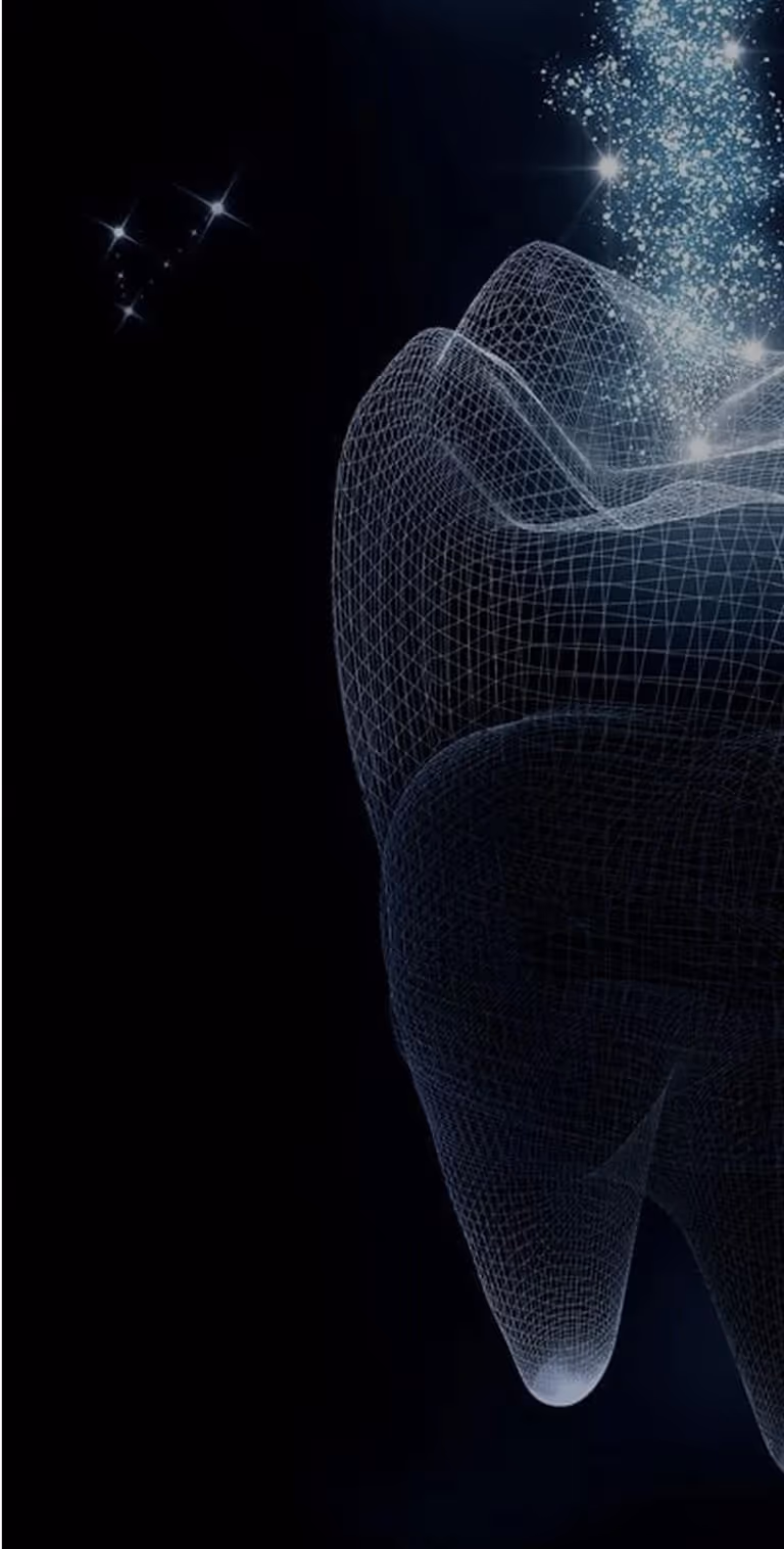 Wireframe illustration of a tooth with sparkling particles rising from its top against a dark background.