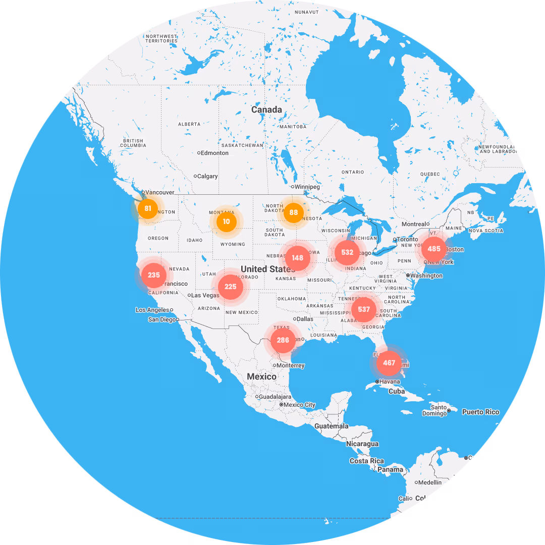 Map of the USA with Curodont clinics pinned on it.