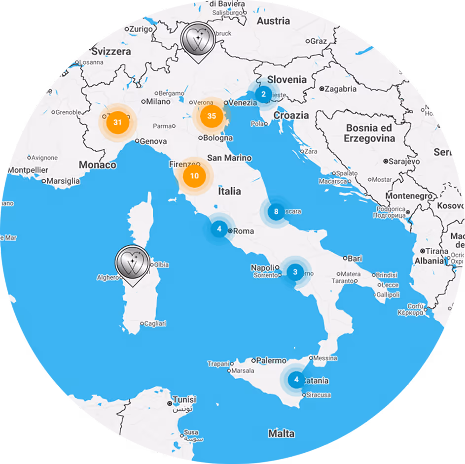 Mappa dell'Italia con le cliniche Curodont appuntate su di essa