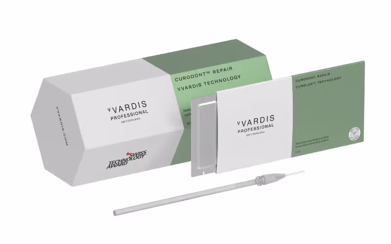 VVARDIS Professional Curodont Repair dental product packaging and applicator for biomimetic mineralization of carious lesions.