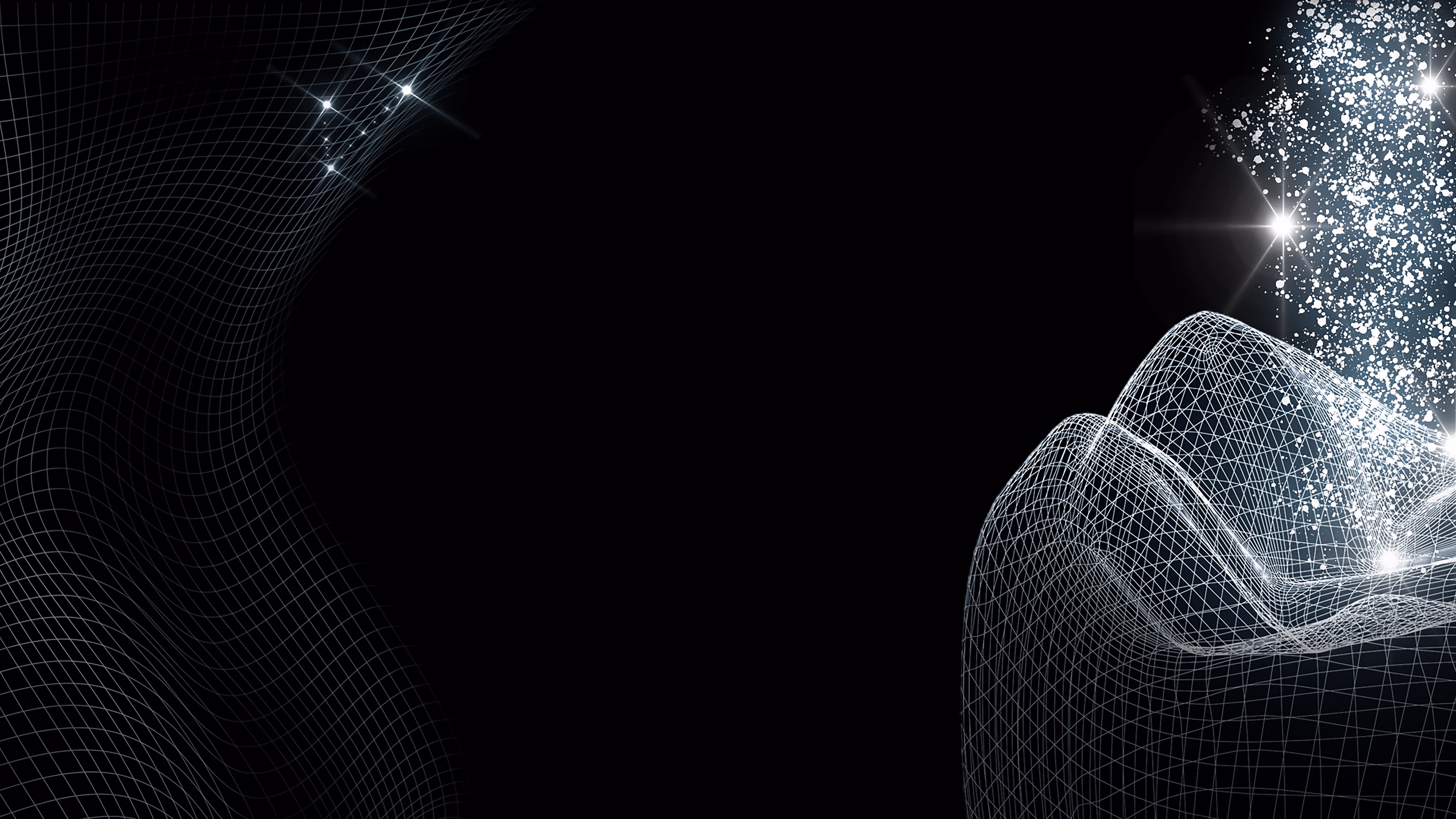Abstract black background with white wireframe mesh waves and sparkling particles on right side.