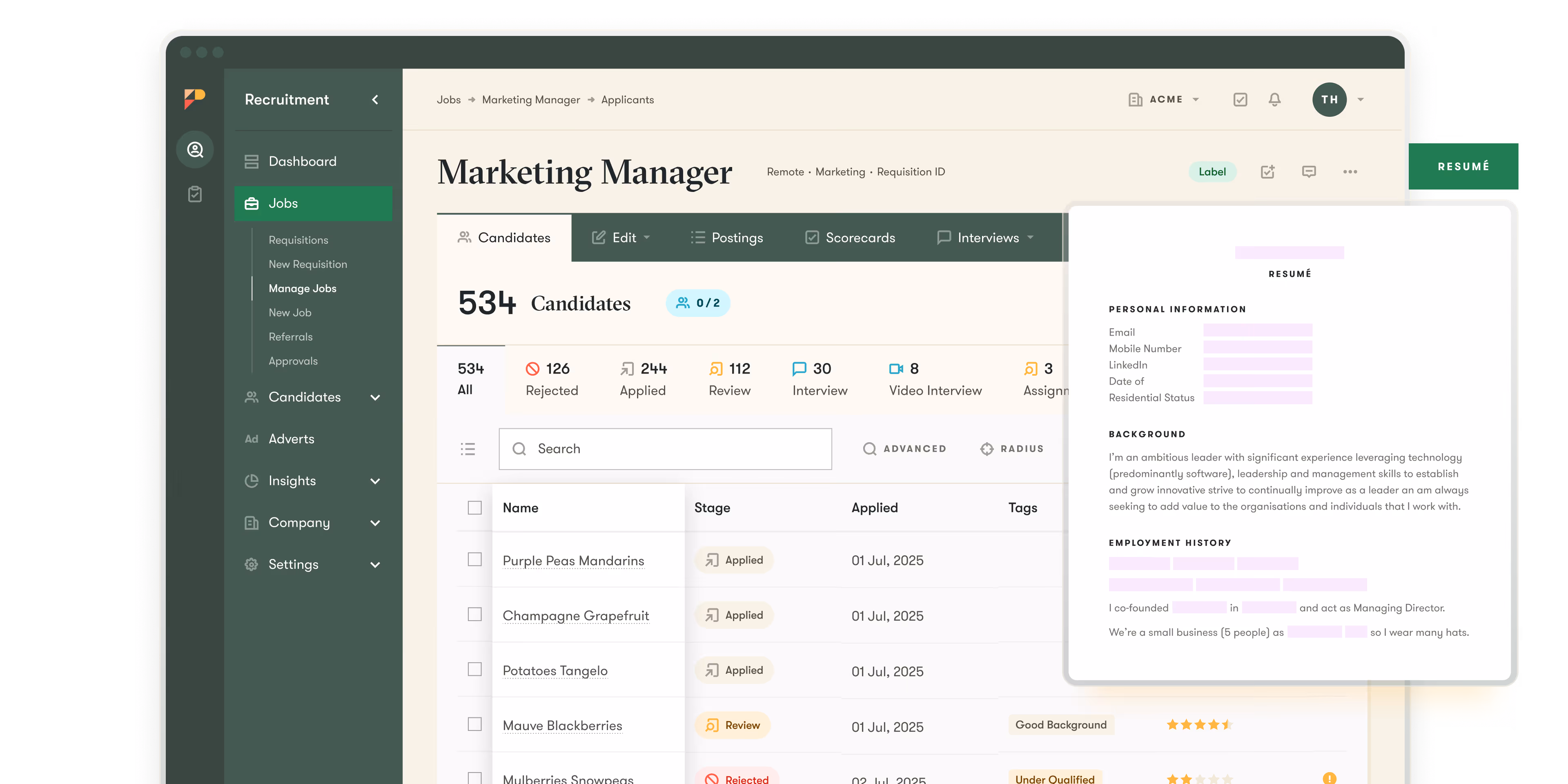 pinpoint ats ui example of anonymized screening to help make hiring easier
