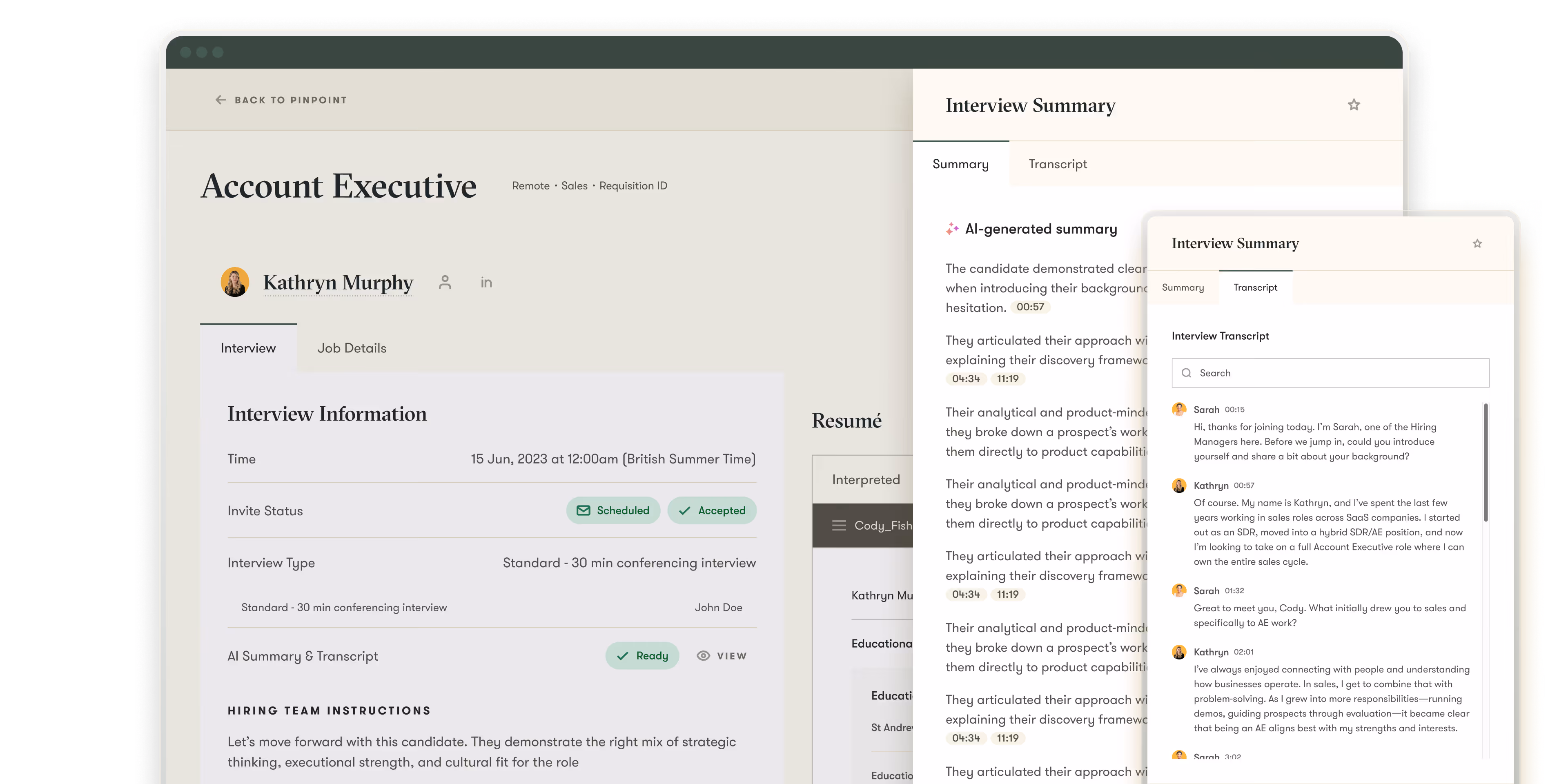 pinpoint ats ui example of ai notetaker in the platform to help make hiring easier
