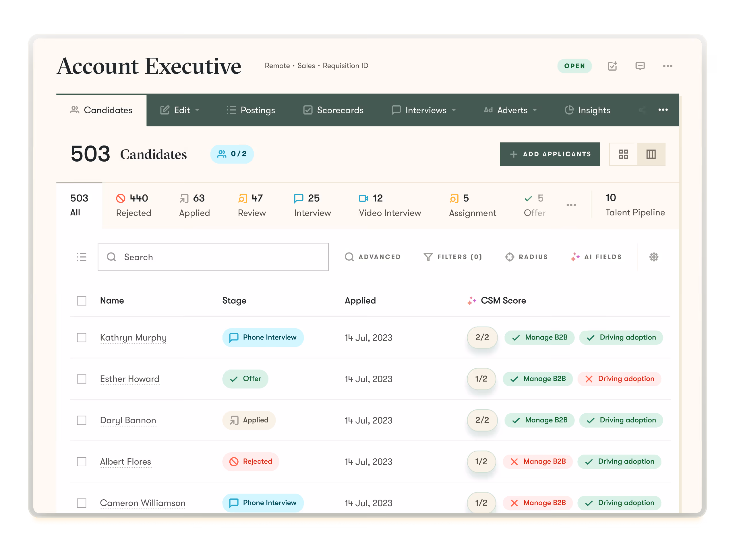 pinpoint ats ui example of ai candidate match score in the platform to help make hiring easier