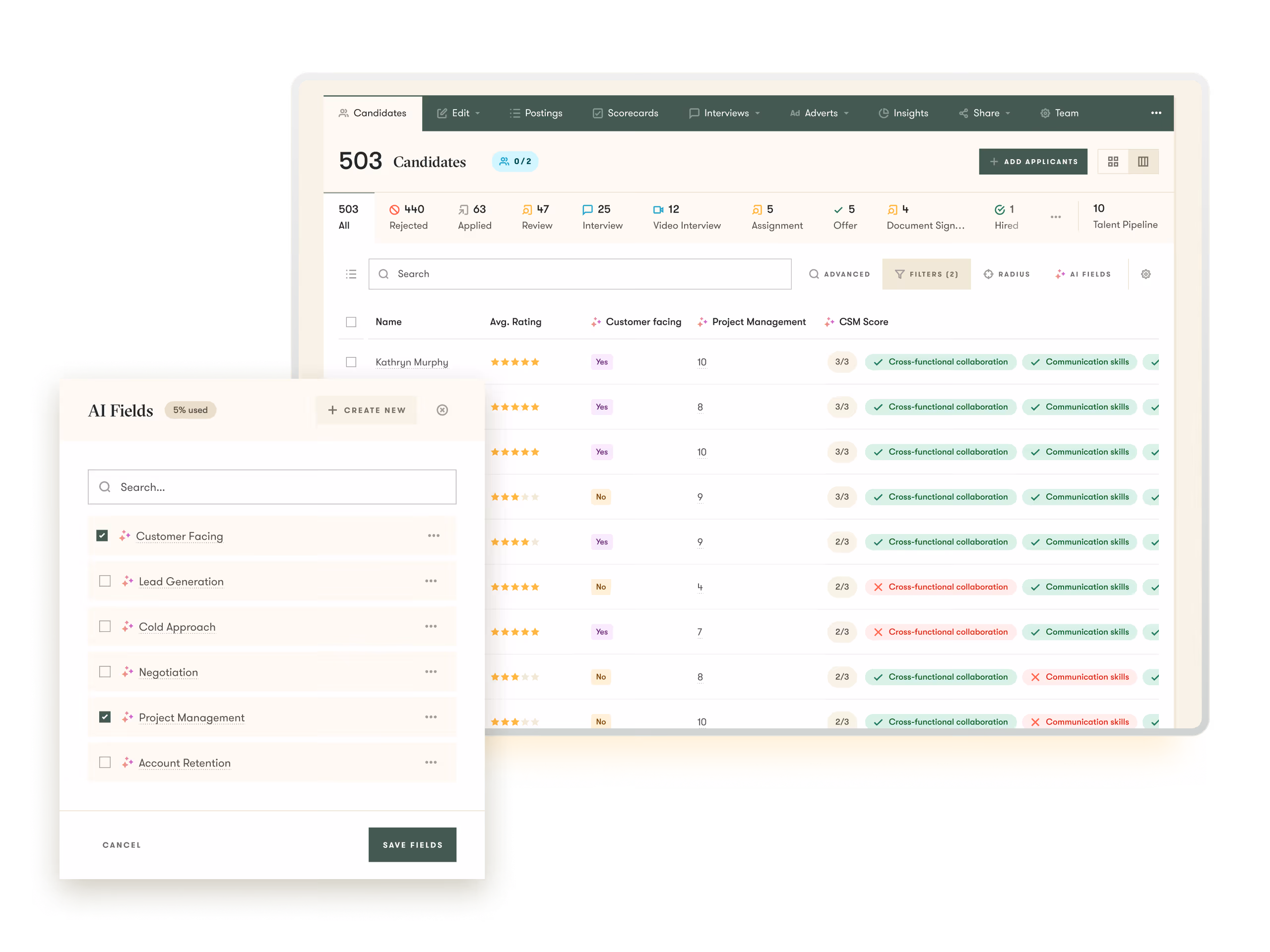 pinpoint ats ui example of ai candidate filters in the platform to help make hiring easier