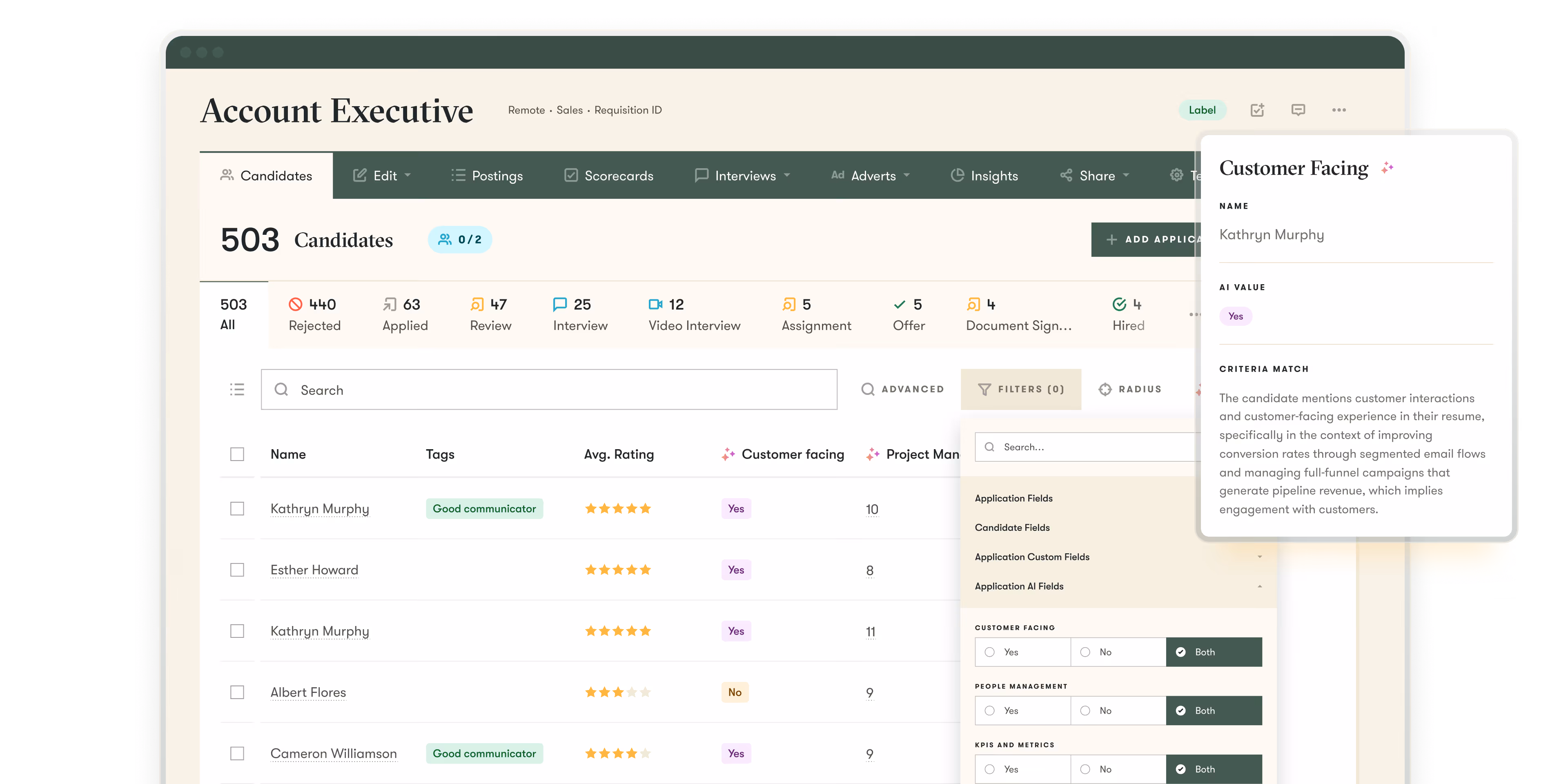 pinpoint ats ui example of ai candidate filters in the platform to help make hiring easier