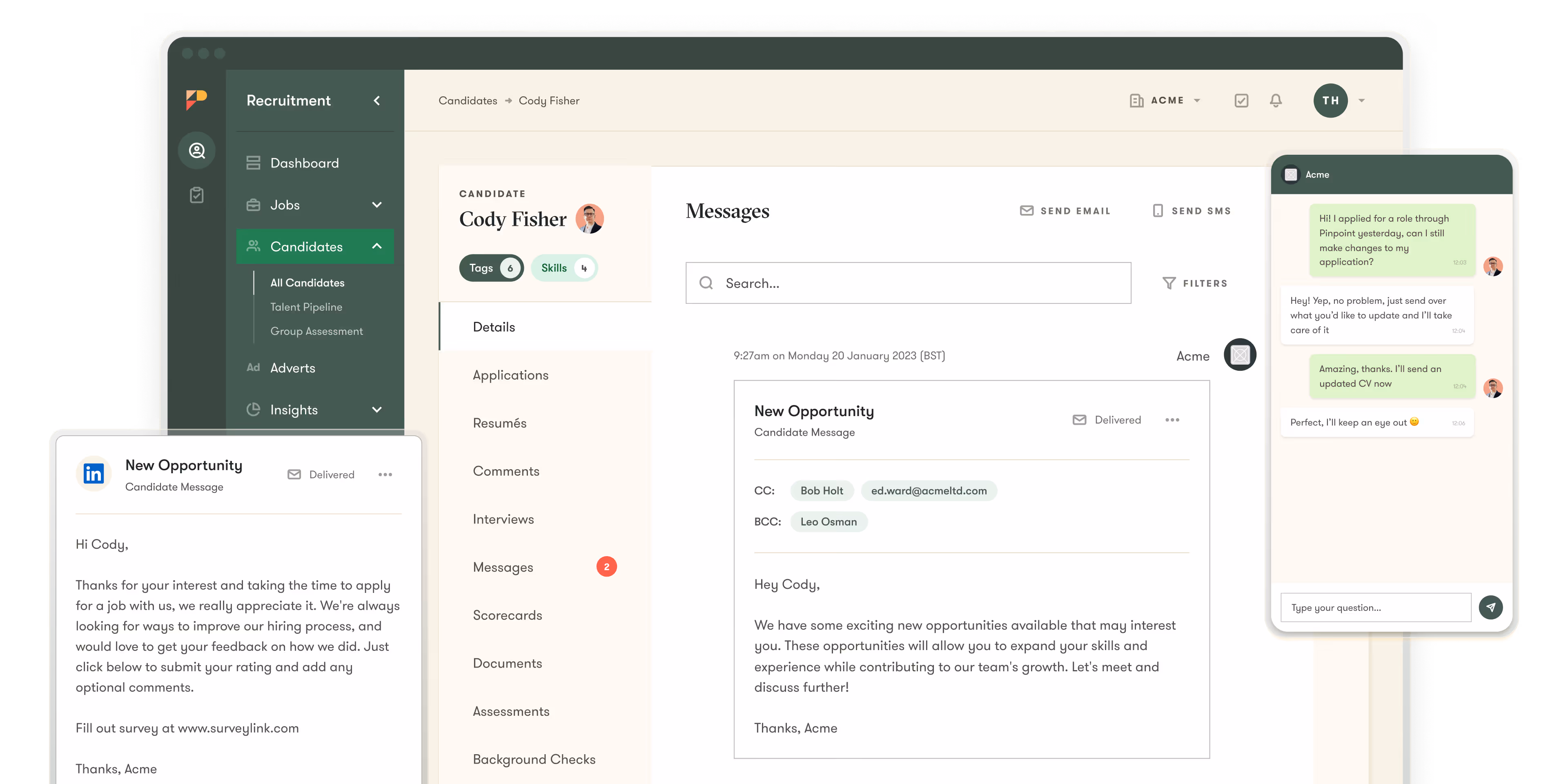 pinpoint ats ui example of candidate communication in the platform to help make hiring easier