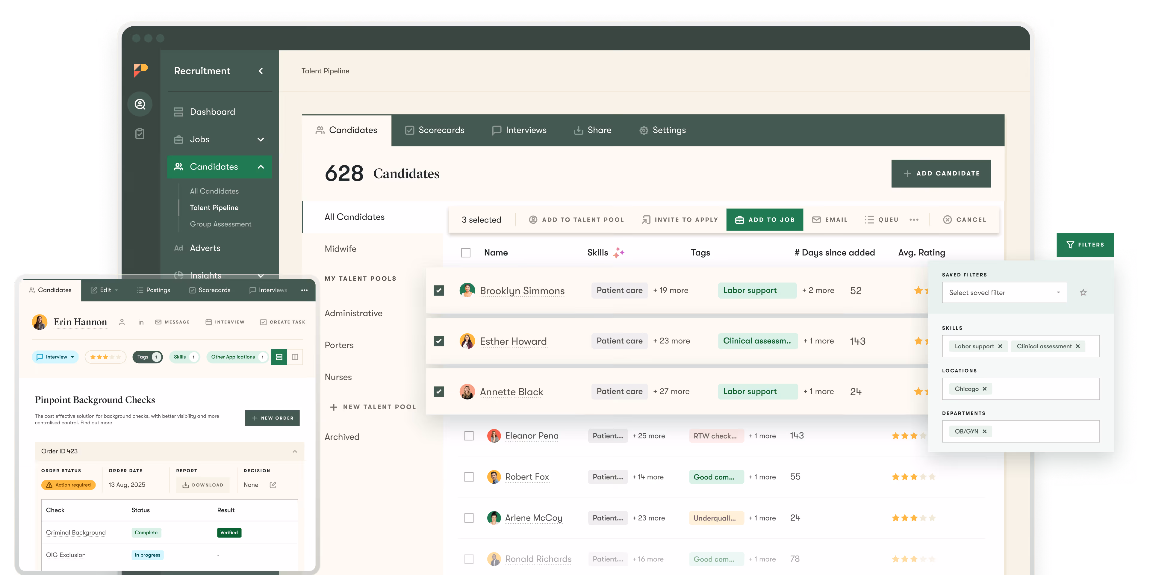pinpint ats ui showing how the platform helps multi-stream hiring for healthcare talent teams