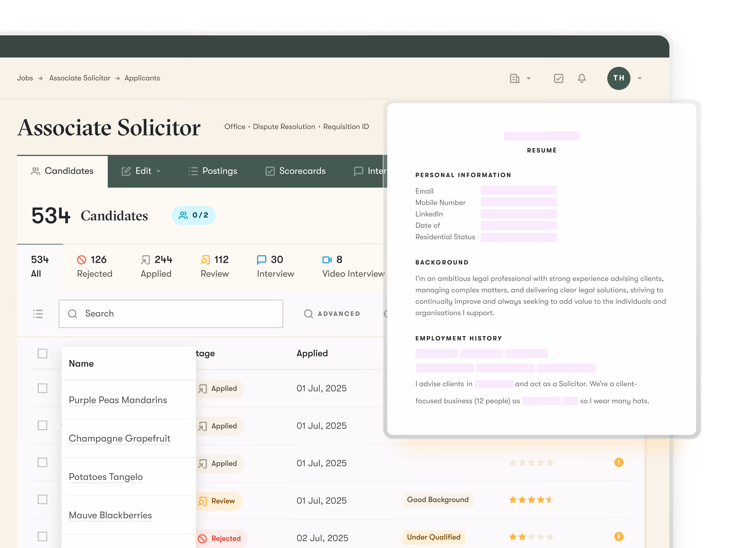 pinpint ats ui showing how the platform helps multi-stream hiring for legal talent teams