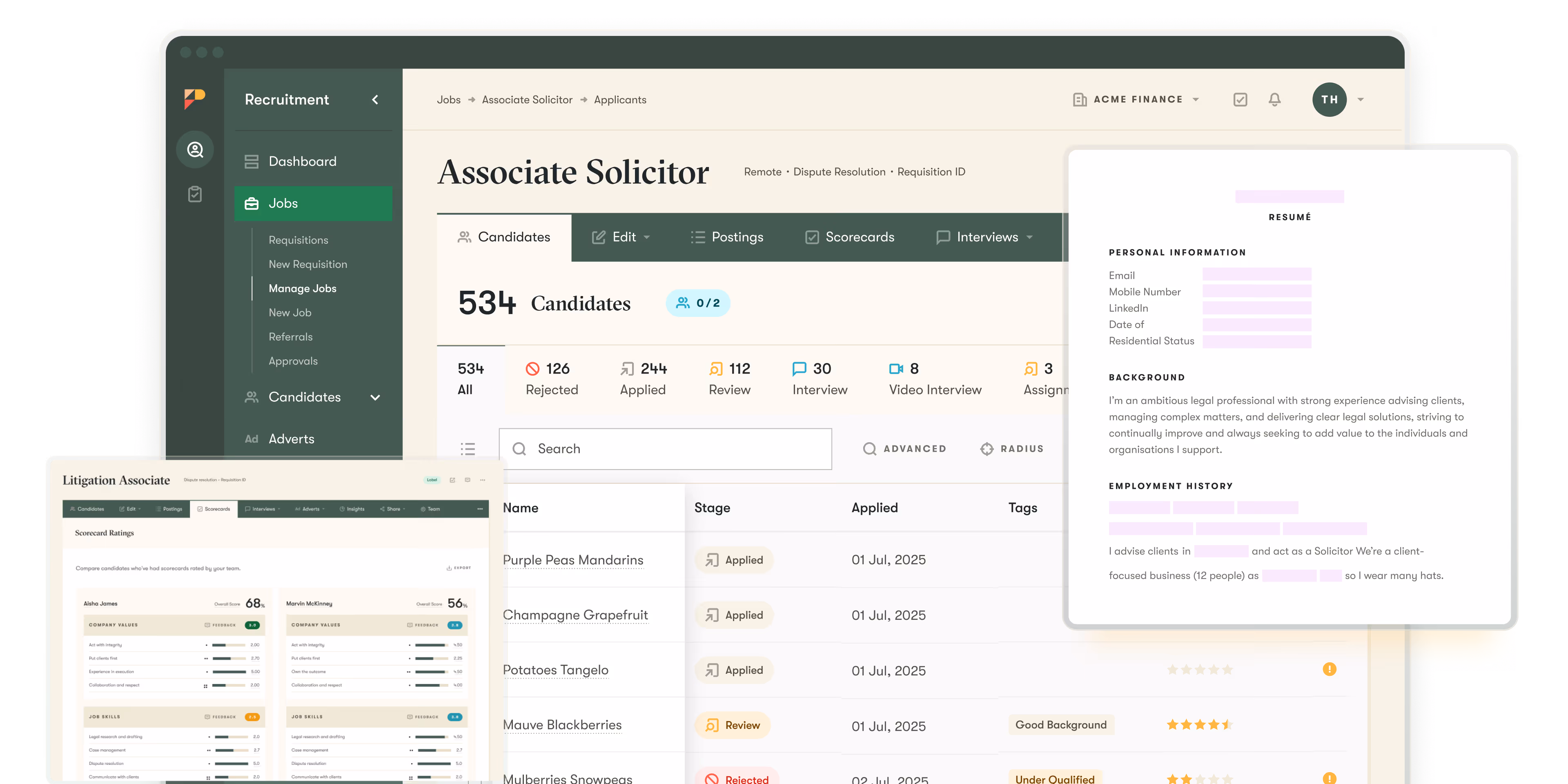 pinpint ats ui showing how the platform helps multi-stream hiring for legal talent teams