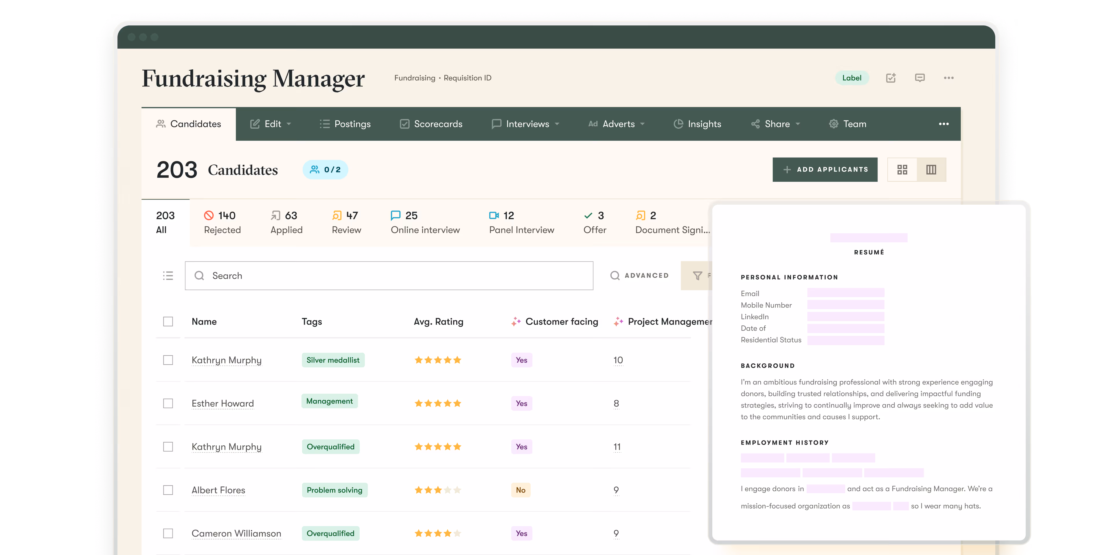 pinpint ats ui showing how the platform helps multi-stream hiring for non-profit and charity talent teams