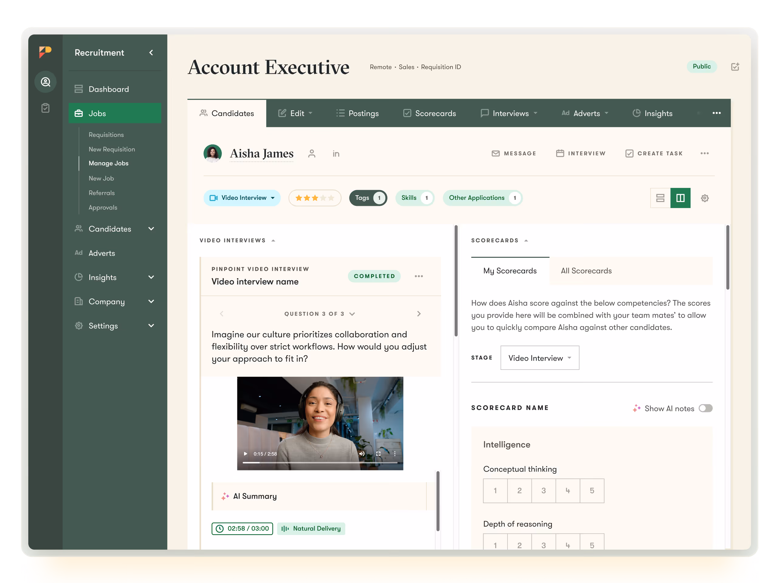 Pinpoint one-way video interview with AI summary and competency scorecard for an account executive candidate