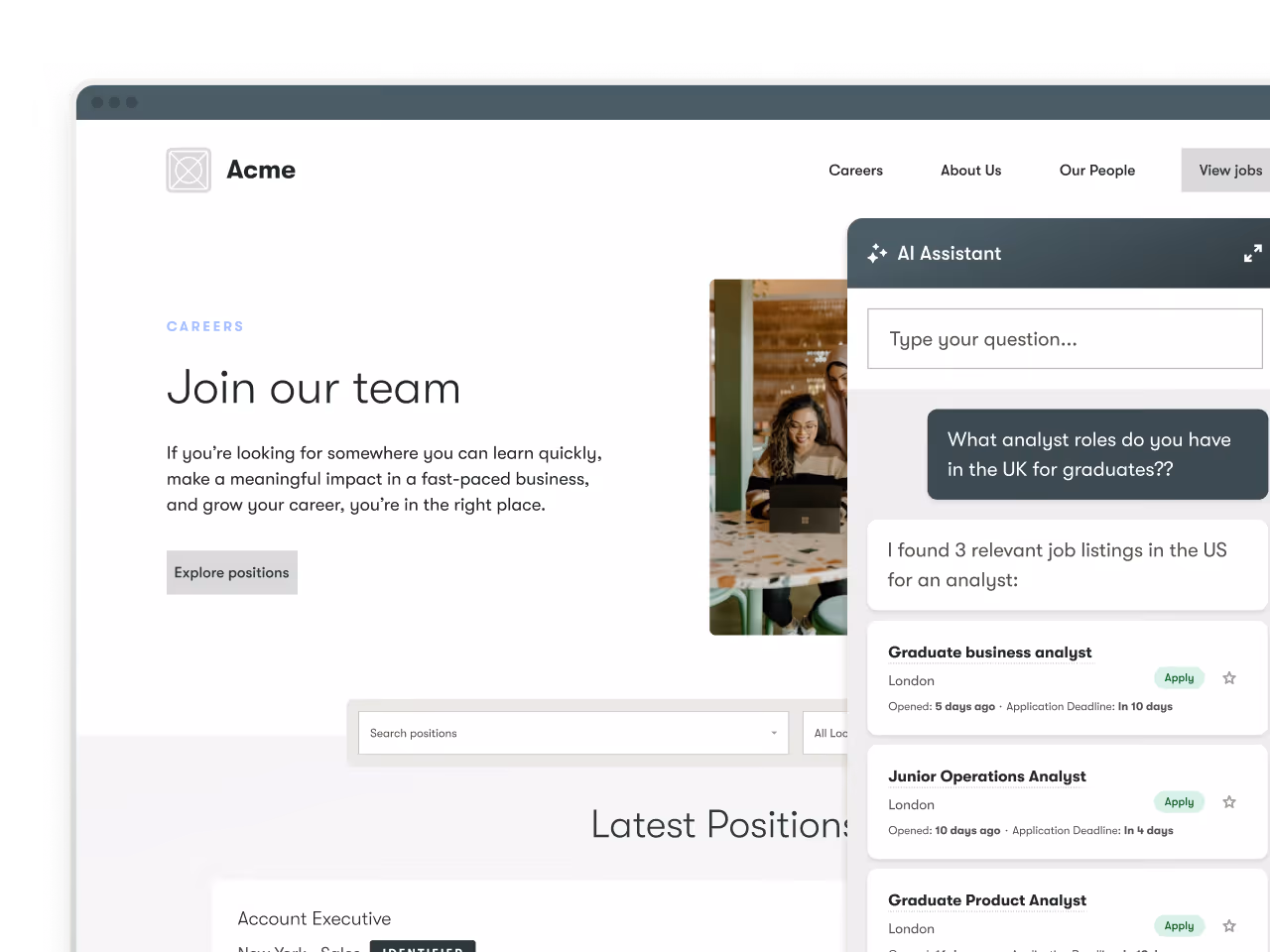 Pinpoint's branded careers site and AI assistant surfacing matching roles to a candidate, the ease of use behind this iCIMS alternative