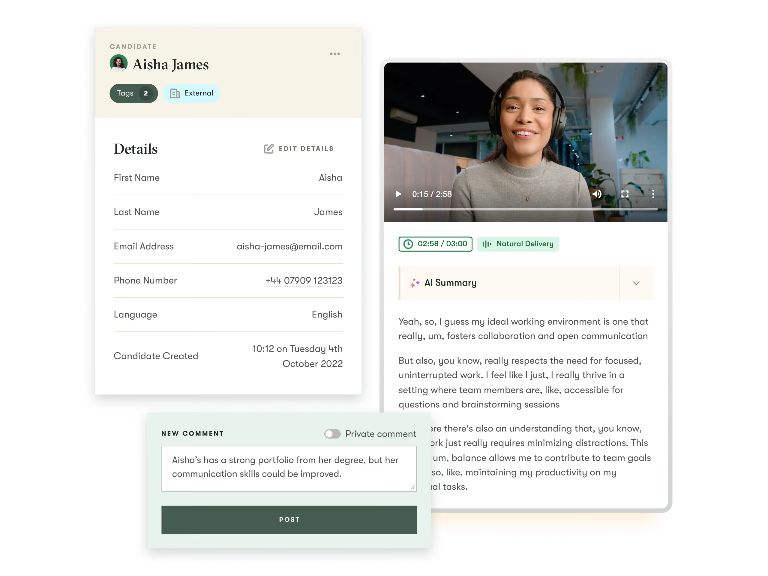 A Pinpoint candidate profile with a one-way video interview and AI summary, the all-in-one applicant tracking system breadth Pinpoint includes natively