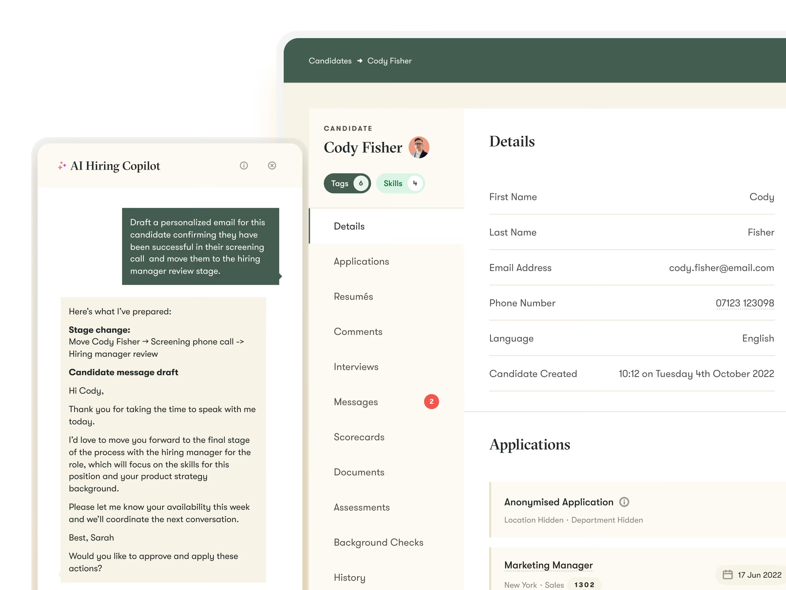 Pinpoint's AI Hiring Copilot in the platform, part of a single, focused pre-hire platform