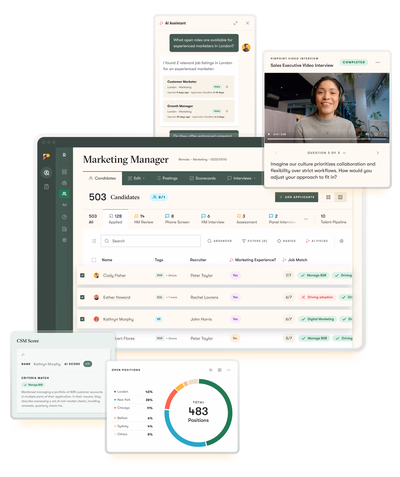 AI, analytics, video interviewing, and core job management features of Pinpoint ATS - an alternative to Ashby