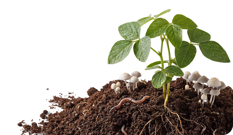 Green soybean plant growing in soil with visible roots, earthworms, and small mushrooms.