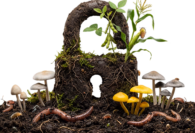 Padlock made of soil with plants growing on it, surrounded by mushrooms and earthworms in soil.