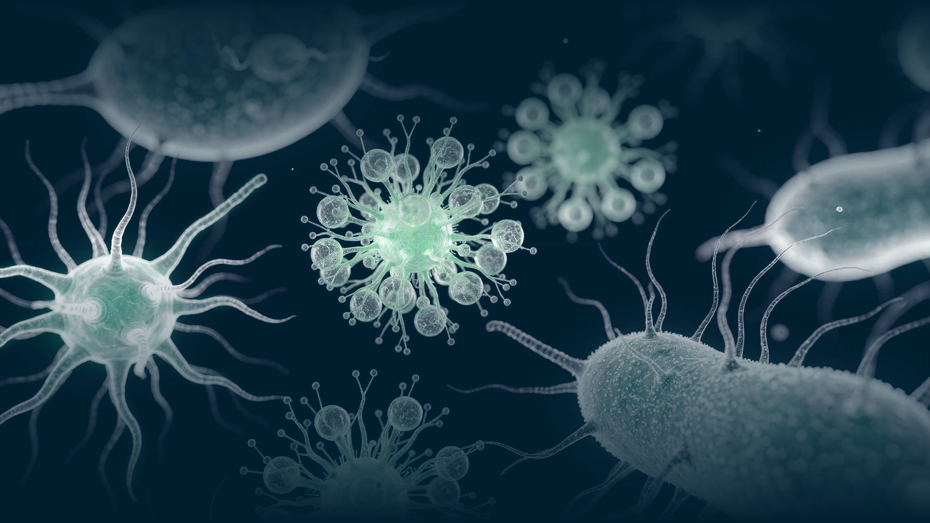 Microscopic view of viruses and bacteria in a dark environment.