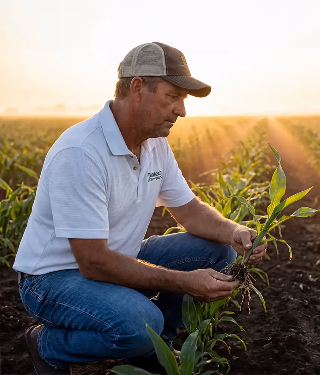 Farmer in cap and white shirt kneeling in field holding a young corn plant with roots at sunrise.