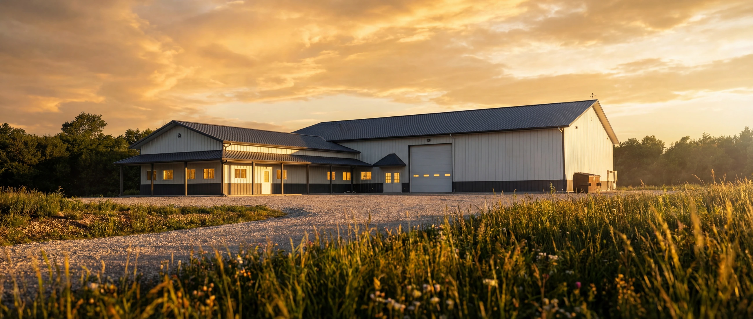Large beige industrial building with black roof at sunset surrounded by grass and gravel driveway.