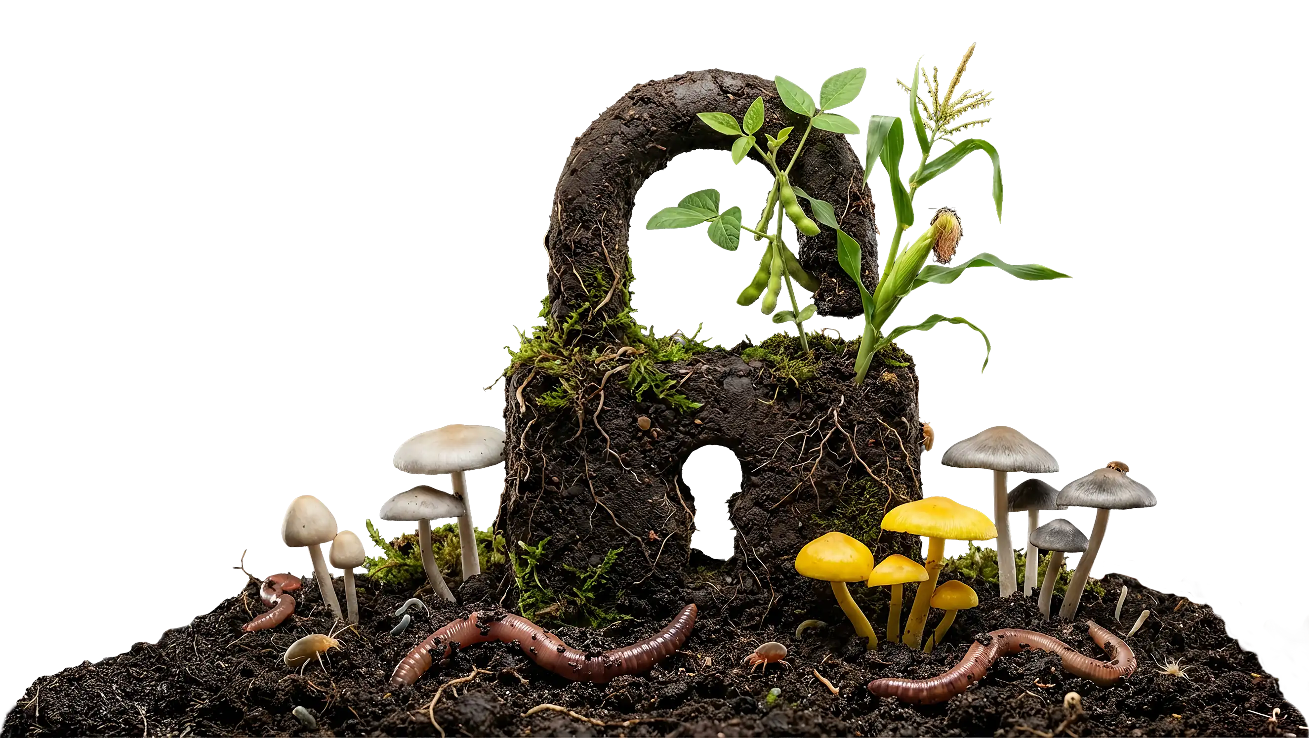 Soil padlock with plants, mushrooms, and earthworms growing from it on dark soil background.
