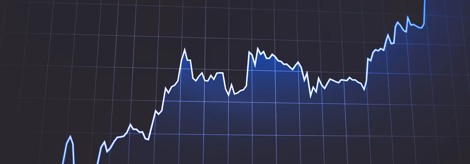 Blue line graph on dark grid background showing fluctuating upward trend