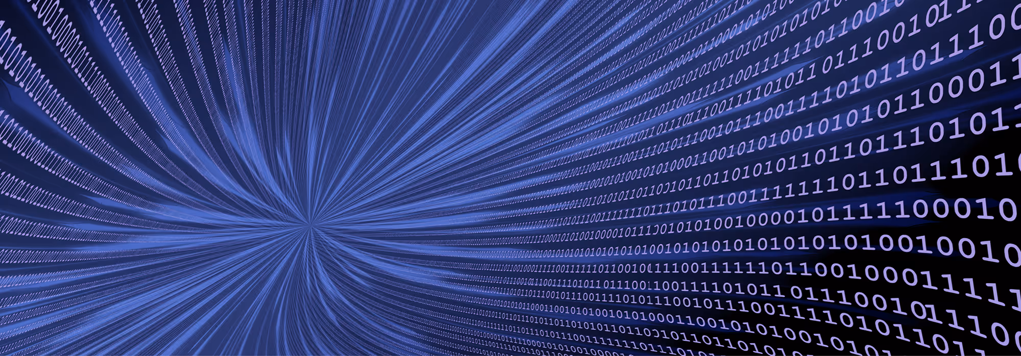 Blue binary code streams converging toward a vanishing point on a dark background.