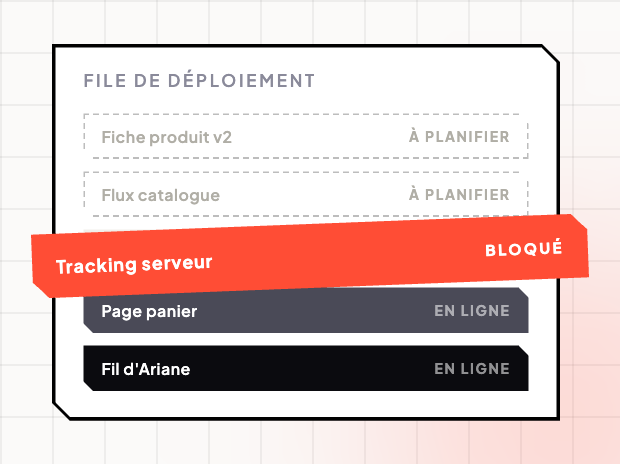 Interface stylisée : file de déploiement bloquée par un chantier technique