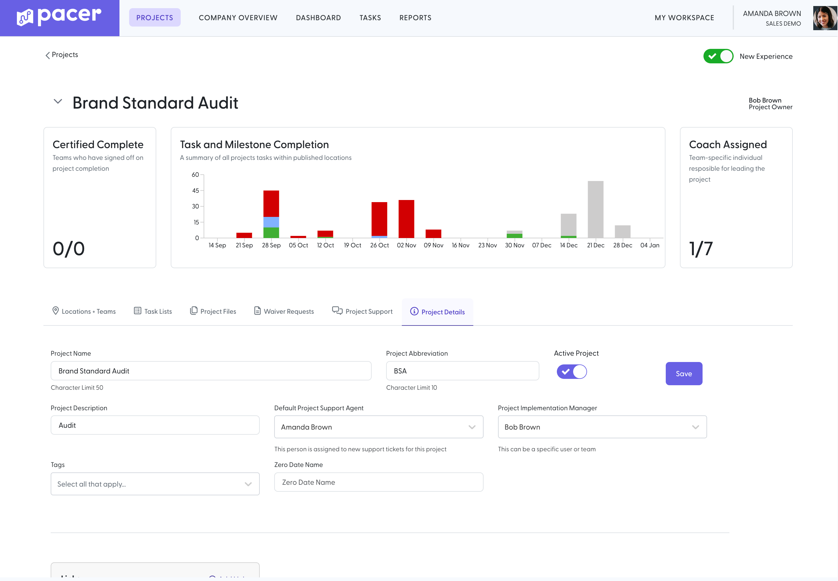 Project dashboard for Brand Standard Audit showing task and milestone completion chart and project details fields with active project toggle enabled.