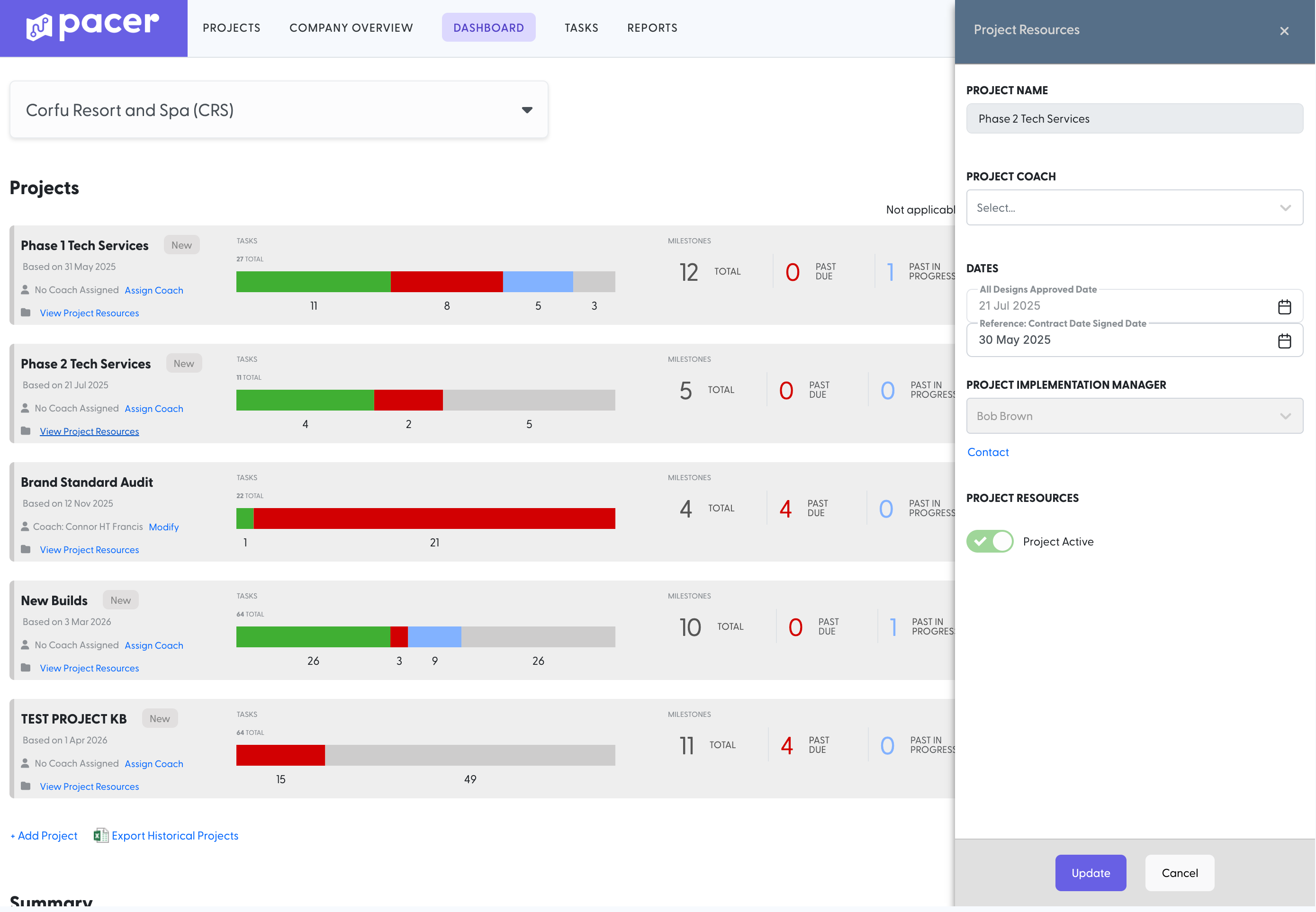 A secondary view of projects on Pacer's dashboard page