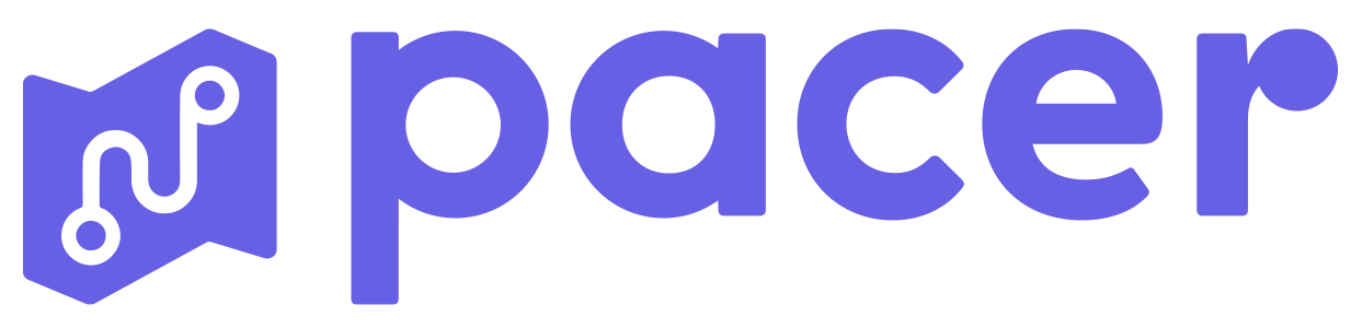 Pacer company logo in purple with a map pin icon connected by a curved path.