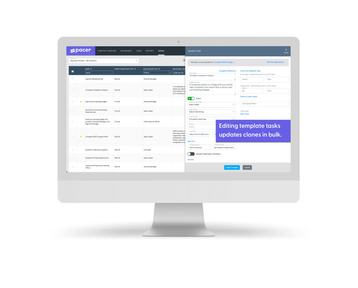 A computer screen displaying Pacer's bulk task edit function