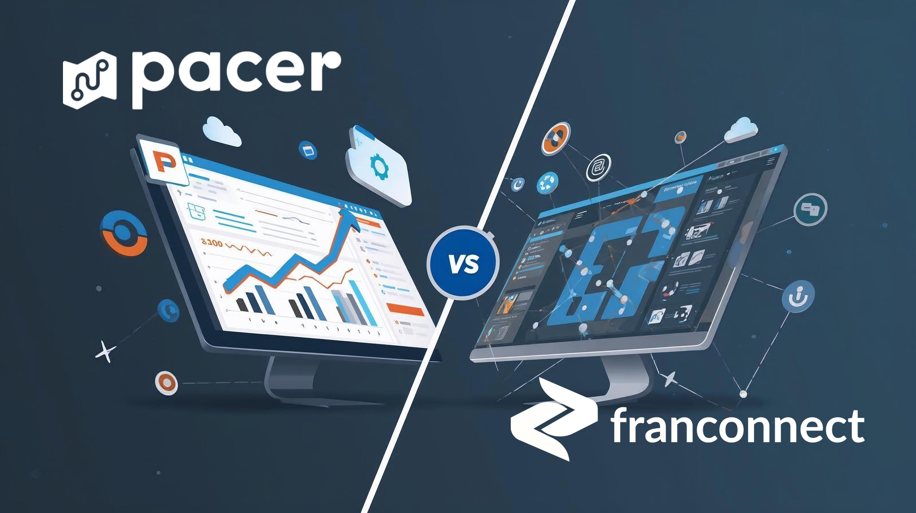 Split image showing computer screens with Pacer analytics dashboard on the left and Franconnect interface on the right with their logos.