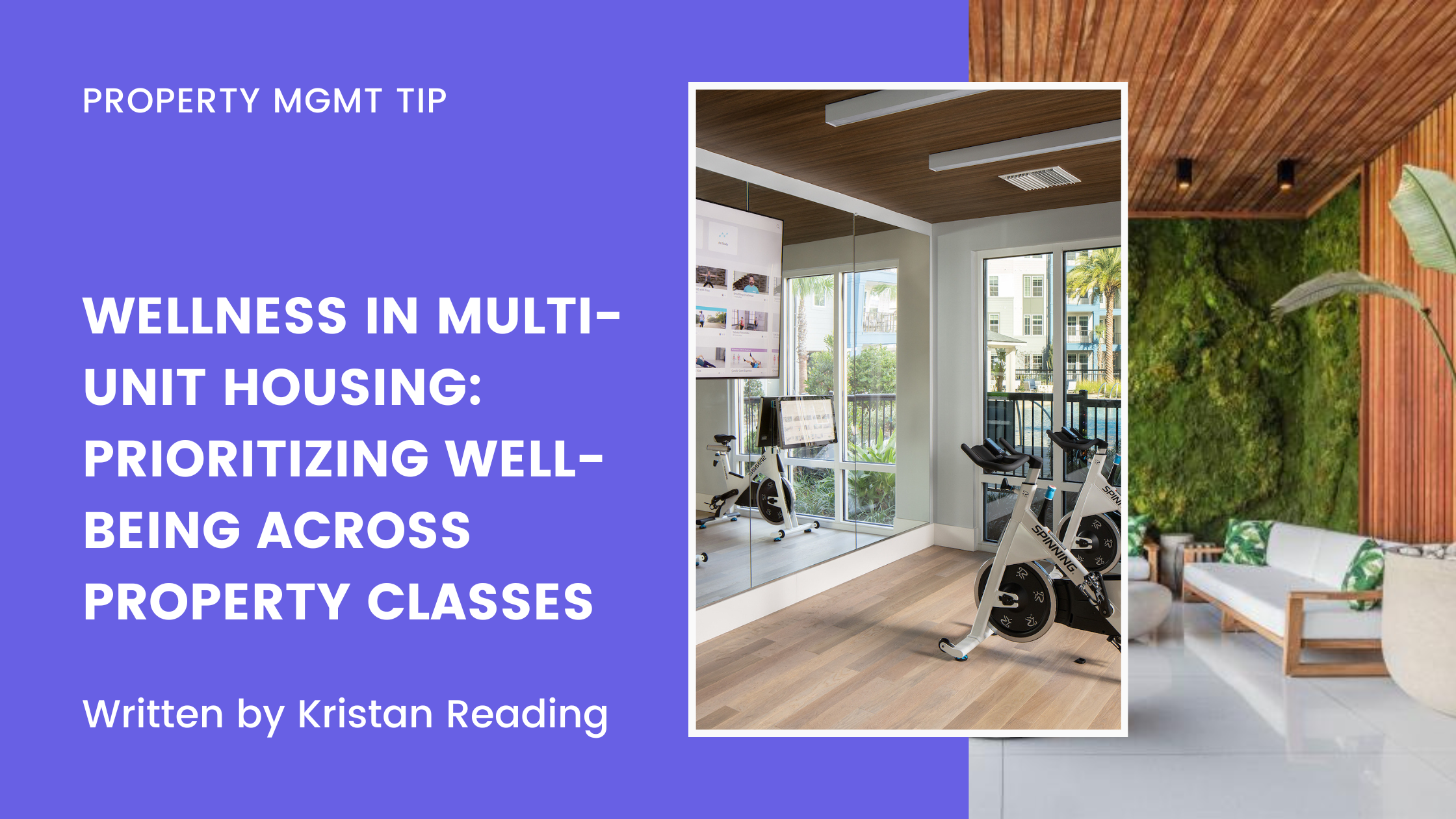 Indoor fitness room with stationary bikes, wood ceiling, large mirrors, and glass doors overlooking an outdoor pool area.