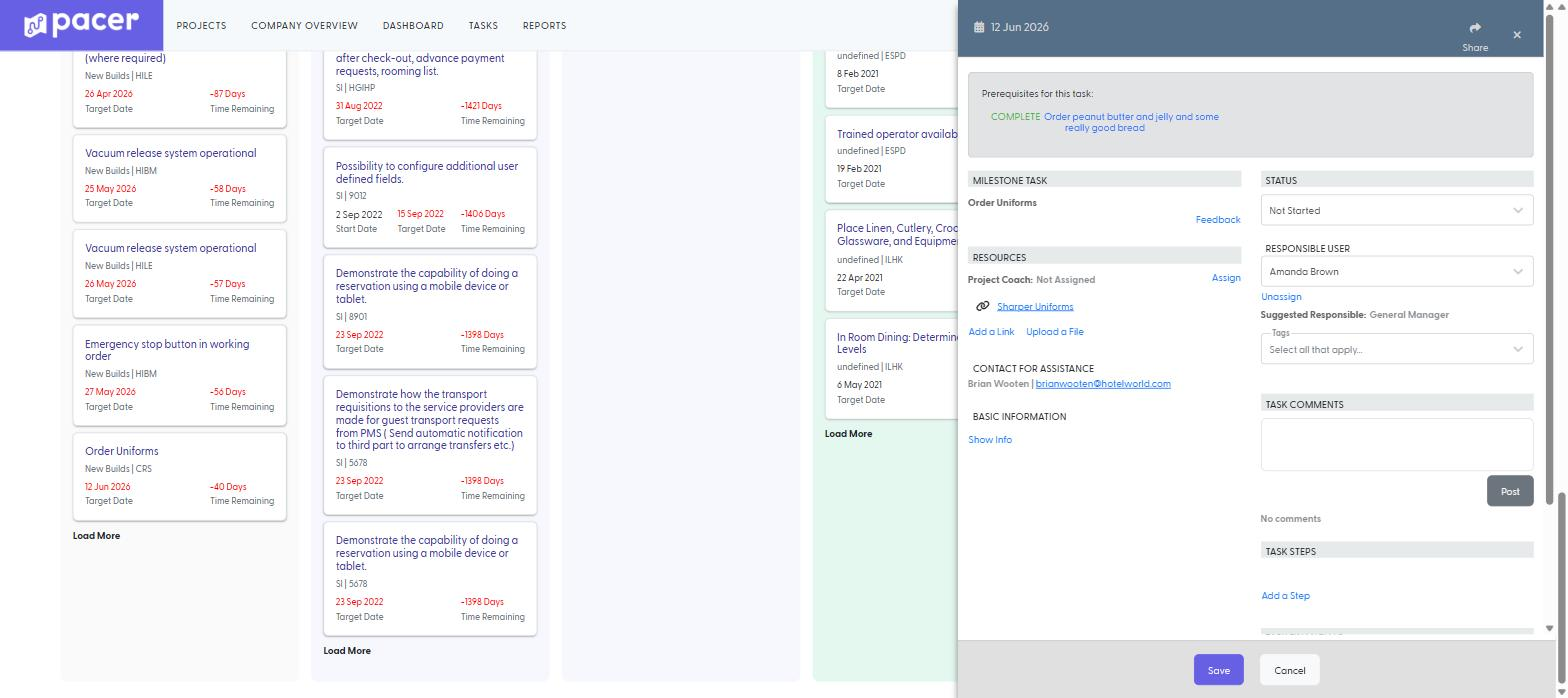 A Pacer Baseline showing task instructions and due dates automatically propagated to all assigned locations