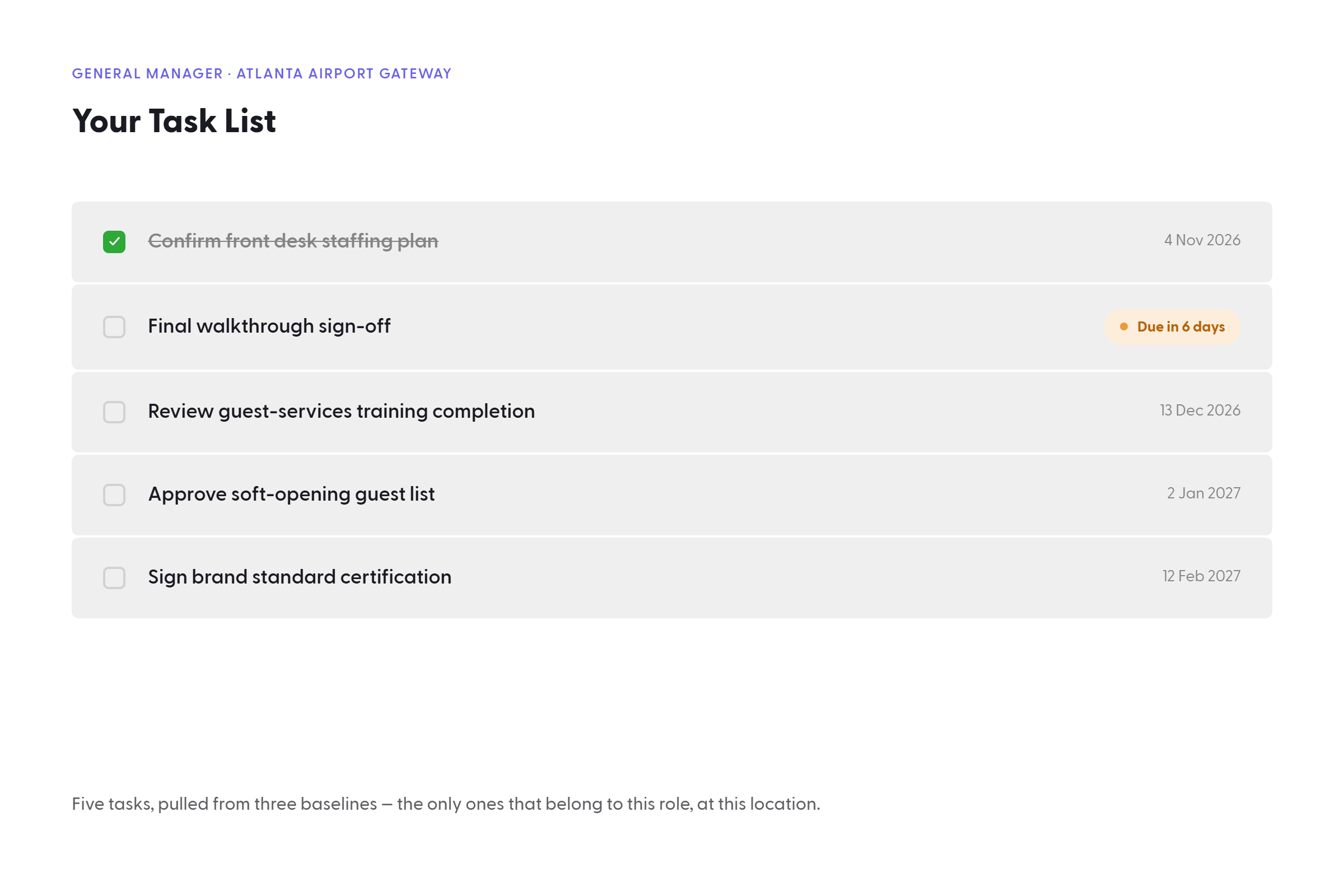 A Pacer task list showing baseline tasks assigned to a project with due dates and completion status