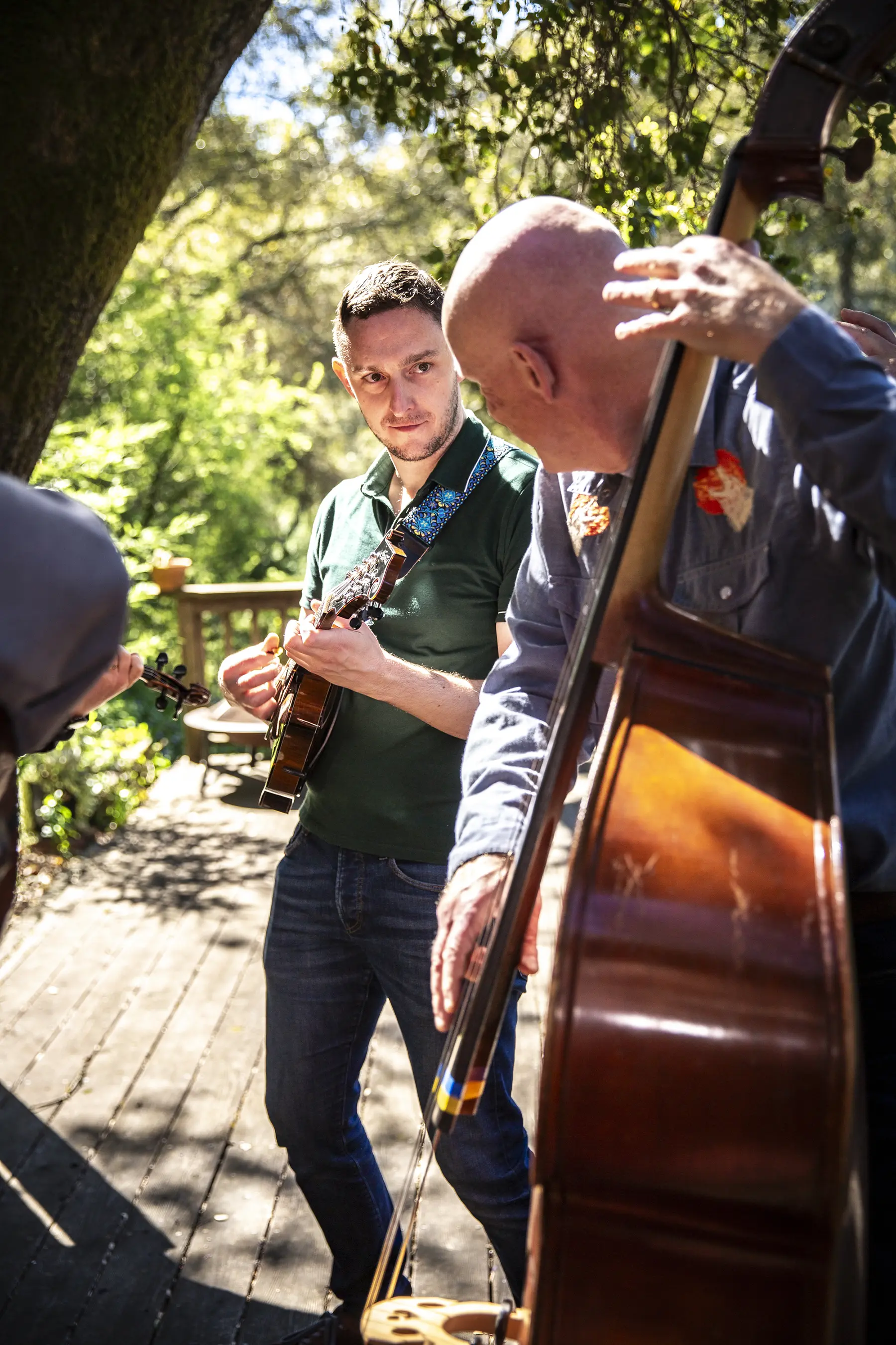 Lee and John from Critical Grass playing bass and mandolin