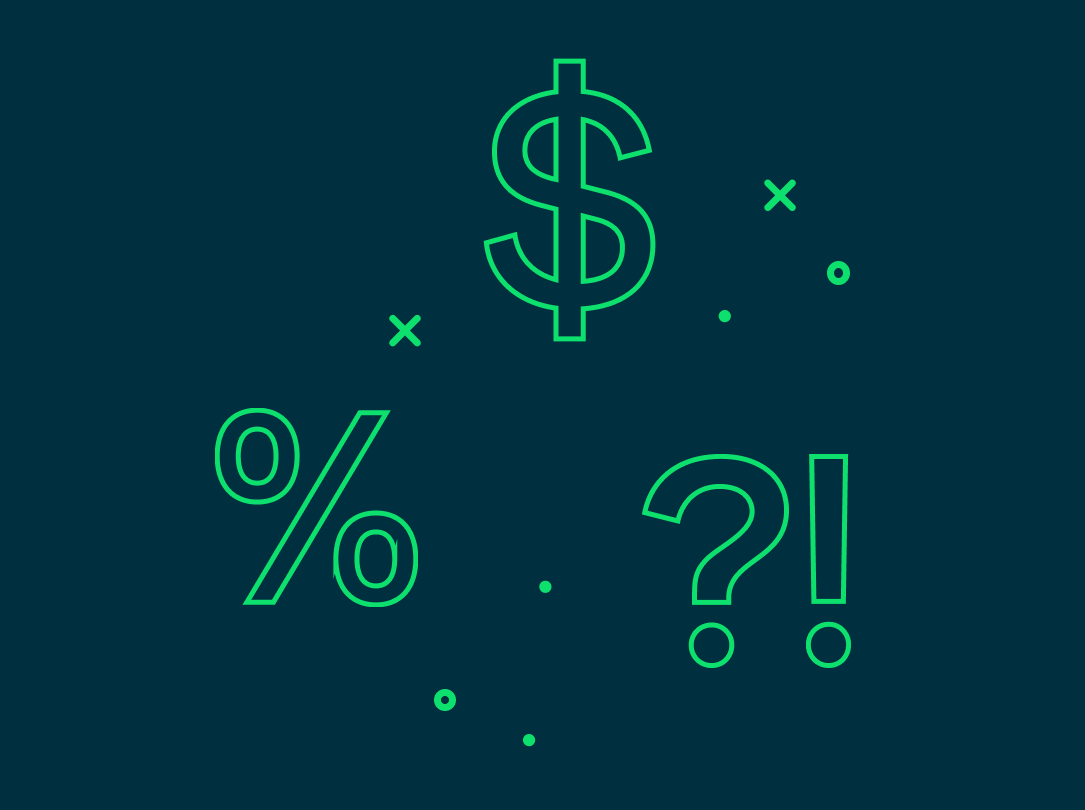Graphic of green dollar sign, exclamation point, question mark, and percent sign.