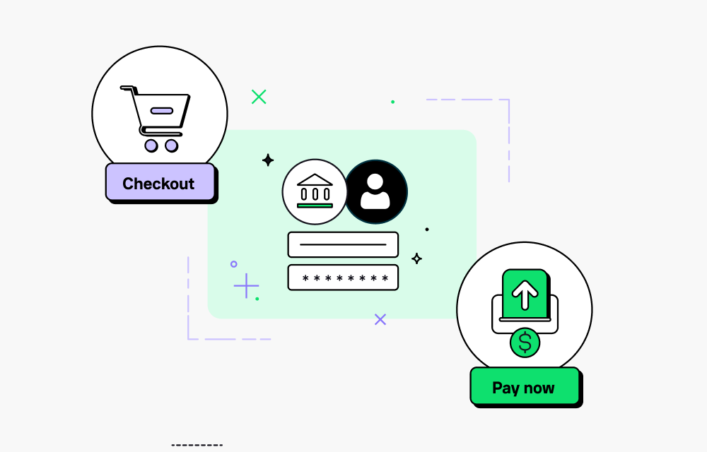 Ícones de finalizar a compra e pagar agora nos cantos da tela de login de um banco.