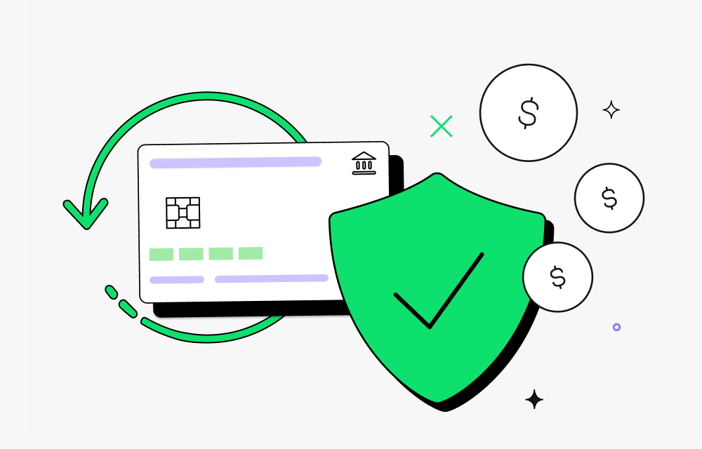 Graphic of a credit card protected by a green shield with a checkmark surrounded by coins.