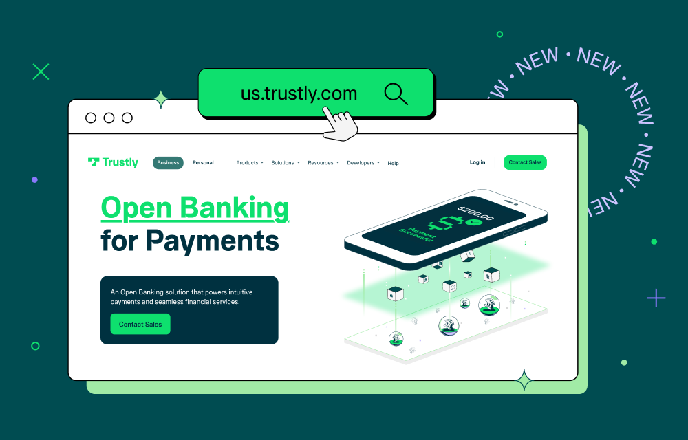 Graphic of Trustly's new website home page with a green URL bar showing Trustly's website address.