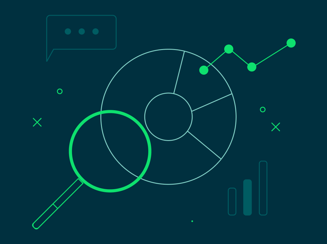 Graphic of magnifying glass examining a pie chart with other graphs in the background.