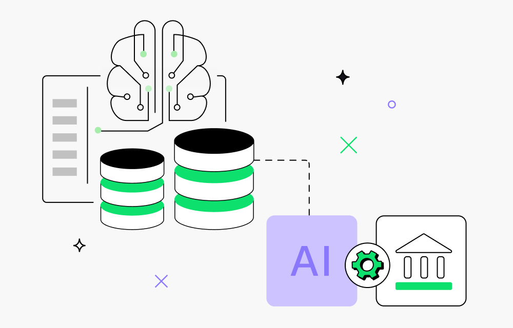 Um cérebro robótico se conecta a fluxos de dados conectados a uma IA e a um banco.