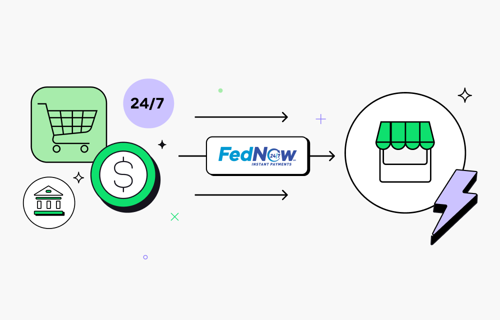 Icons of a shopping cart, money, and a bank connecting to FedNow and a storefront.