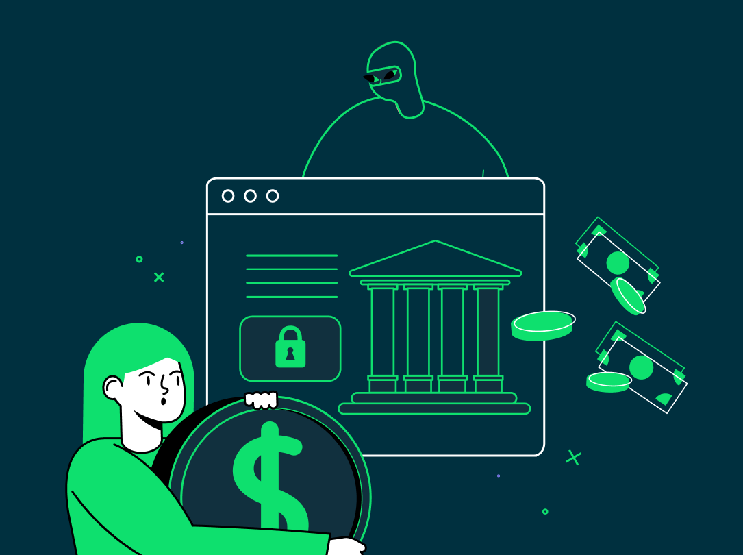 Graphic of woman safeguarding her money from online fraud.