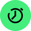Black stopwatch icon on a green circular background.