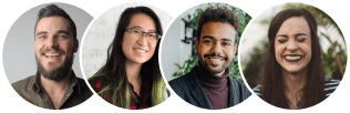 Four diverse smiling adults in circular frames, two men and two women with various hairstyles and backgrounds.