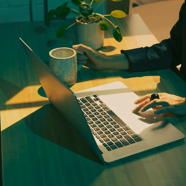 Hands using a laptop and holding a speckled ceramic mug on a wooden desk with a small potted plant.
