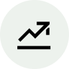 Black upward trending arrow with a line graph on a light gray circular background.